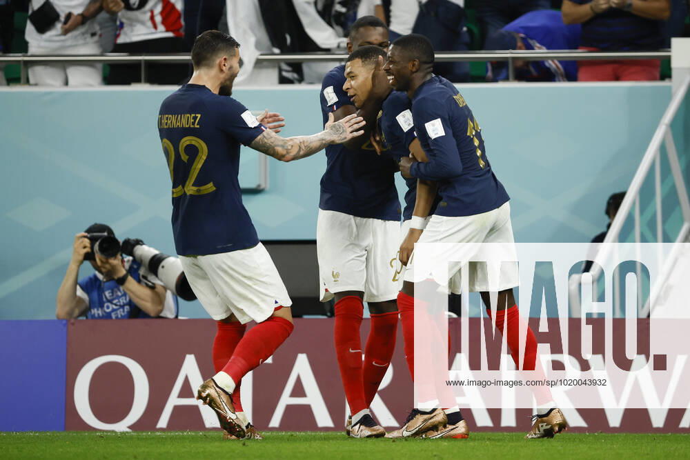 Kylian Mbappe of France celebrates a goal during the FIFA round 16 soccer match between France and Poland at Al Thumama a stadium in Doha, Qatar, 04 December 2022. World Cup 2022: France vs. Poland !ACHTUNG: NUR REDAKTIONELLE NUTZUNG!