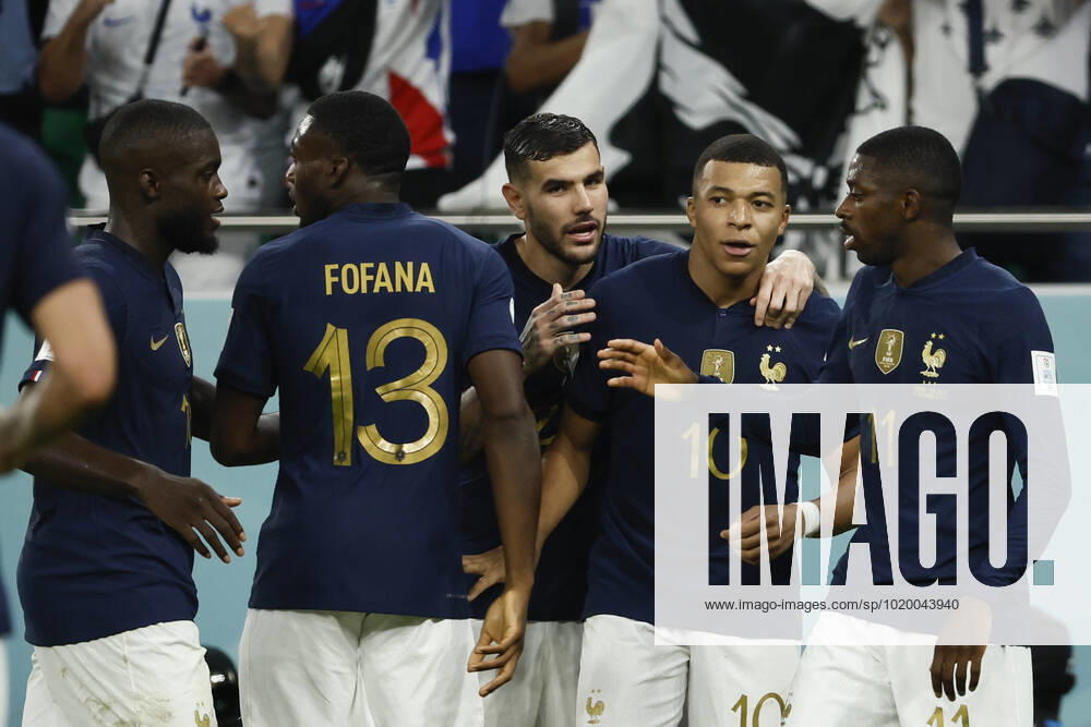 Kylian Mbappe of France celebrates a goal during the FIFA round 16 soccer match between France and Poland at Al Thumama a stadium in Doha, Qatar, 04 December 2022. World Cup 2022: France vs. Poland !ACHTUNG: NUR REDAKTIONELLE NUTZUNG!