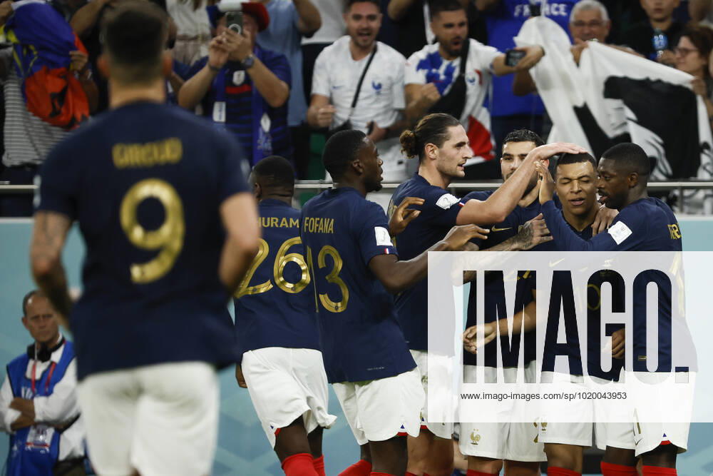 Kylian Mbappe of France celebrates a goal during the FIFA round 16 soccer match between France and Poland at Al Thumama a stadium in Doha, Qatar, 04 December 2022. World Cup 2022: France vs. Poland !ACHTUNG: NUR REDAKTIONELLE NUTZUNG!