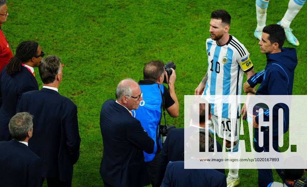 Mandatory Credit: Photo by Javier Garcia Shutterstock (13655758ga) Lionel Messi of Argentina exchanges words with Manager Louis van Gaal of the Netherlands, left, after the match Netherlands v Argentina, FIFA World Cup, WM, Weltmeisterschaft, Fussball 2022, Quarter Final, Football, Lusail Stadium, Al Daayen, Qatar - 09 Dec 2022 Editorial Use Only Netherlands v Argentina, FIFA World Cup 2022, Quarter Final, Football, Lusail Stadium, Al Daayen, Qatar - 09 Dec 2022 Editorial Use Only