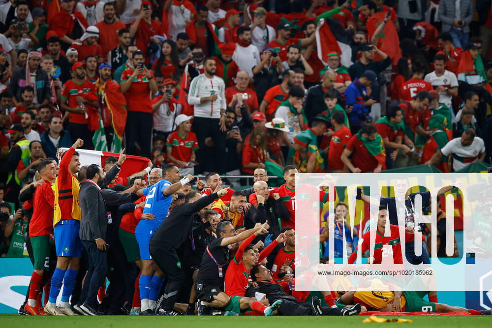 Morocco vs portugal DOHA, CA - 10.12.2022: MOROCCO VS PORTUGAL - Players from Morocco celebrate ranking during the match between Morocco and Portugal, valid for the quarterfinals of the World Cup, held at the Al Thumama Stadium in Doha, Qatar. (Photo: Rodolfo Buhrer La Imagem Fotoarena) x2308664x RodolfoxBuhrer