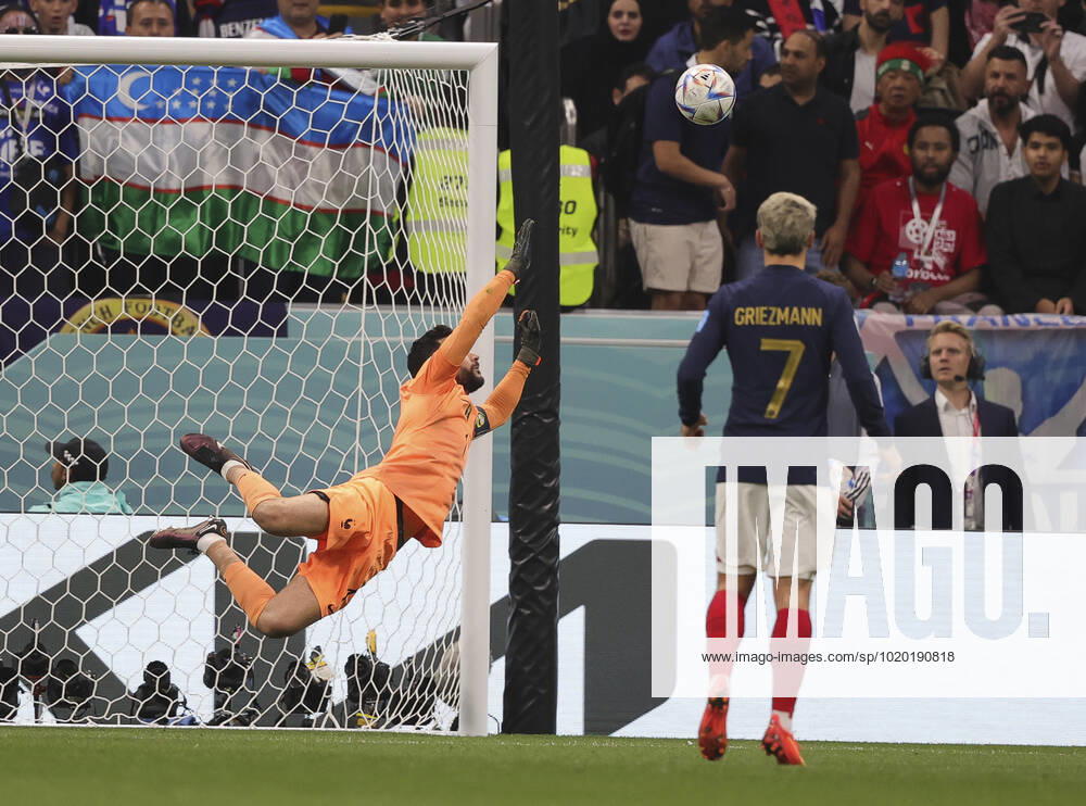 England v France 2022 FIFA World Cup, WM, Weltmeisterschaft, Fussball France goalkeeper Hugo Lloris watches on as a shot hits the post during the 2022 FIFA World Cup Quarter-final match at Al Bayt Stadium, Al Bayt Content Not Available For UK Newspapers
