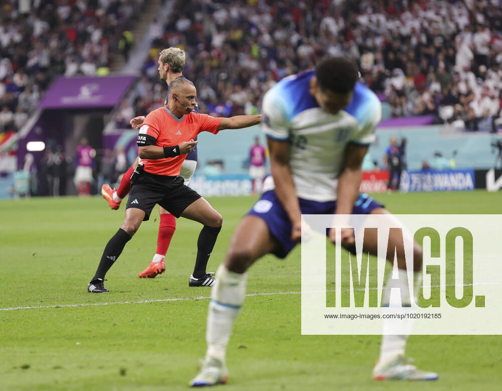 England v France 2022 FIFA World Cup, WM, Weltmeisterschaft, Fussball Referee Wilton Sampaio points for a penalty during the 2022 FIFA World Cup Quarter-final match at Al Bayt Stadium, Al Bayt Content Not Available For UK Newspapers