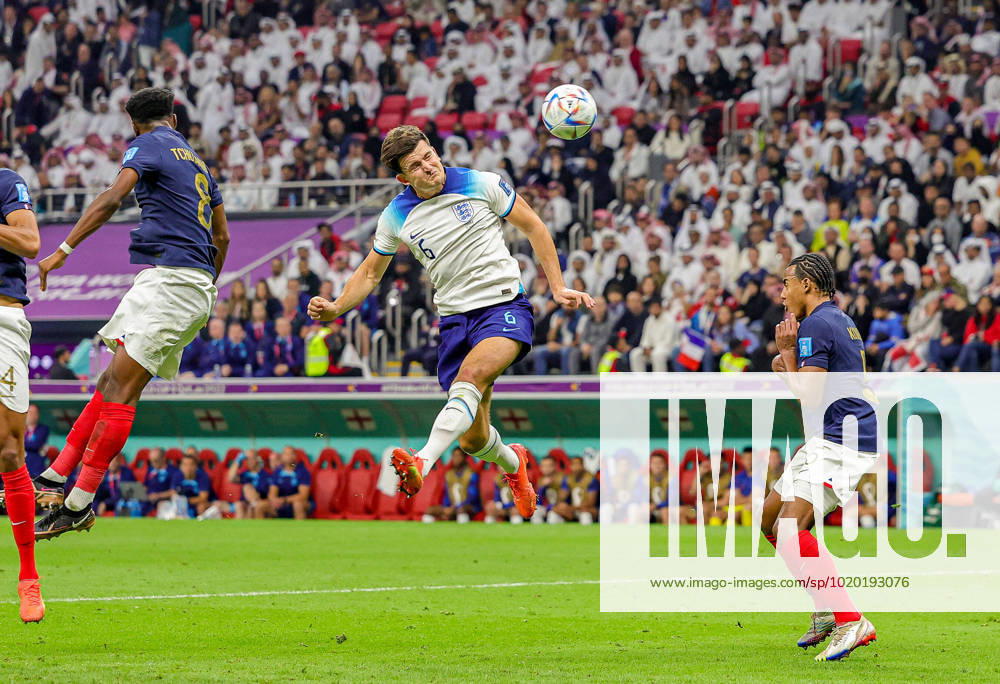 England v France 2022 FIFA World Cup, WM, Weltmeisterschaft, Fussball 10 12 2022. Quarter-finals Harry Maguire (6) of England heads towards goal during the 2022 FIFA World Cup quarter final match between England and France at Al Bayt Stadium, Al Khor, Qatar on 10 December 2022. Editorial use only ,