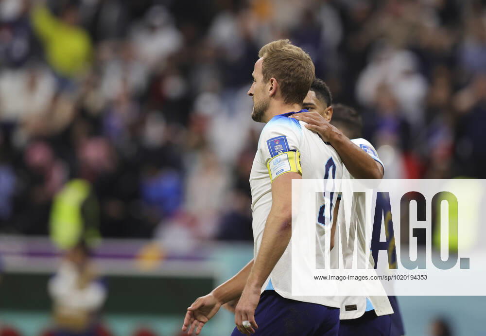 England v France 2022 FIFA World Cup, WM, Weltmeisterschaft, Fussball Harry Kane of England is comforted by Jude Bellingham after missing his penalty during the 2022 FIFA World Cup Quarter-final match at Al Bayt Stadium, Al Bayt Content Not Available For UK Newspapers