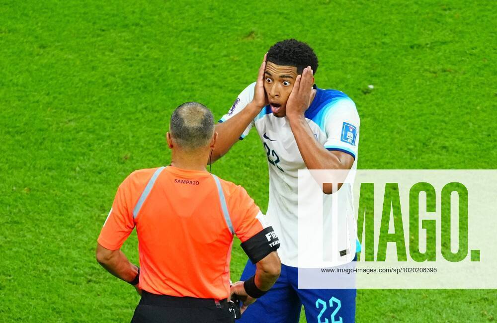 Mandatory Credit: Photo by Javier Garcia Shutterstock (13655768fv) Jude Bellingham of England reacts towards Wilton Pereira Sampaio England v France, FIFA World Cup, WM, Weltmeisterschaft, Fussball 2022, Quarter Final, Football, Al Bayt Stadium, Al Khor, Qatar - 10 Dec 2022 Editorial Use Only England v France, FIFA World Cup 2022, Quarter Final, Football, Al Bayt Stadium, Al Khor, Qatar - 10 Dec 2022 Editorial Use Only