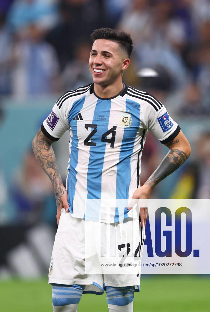 Doha, Qatar, 13th December 2022. Enzo Fernandez of Argentina enjoys the win during the FIFA World Cup, WM, Weltmeisterschaft, Fussball 2022 match at Lusail Stadium, Doha. Picture credit should read: David Klein Sportimage . SPI-2097-0114