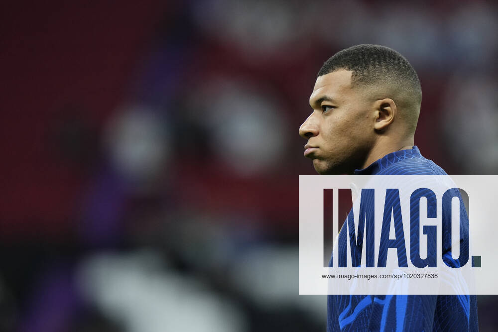 France v Morocco: Semi Final - FIFA World Cup, WM, Weltmeisterschaft, Fussball Qatar 2022 Kylian Mbappe centre-forward of France and Paris Saint-Germain during the warm-up before the FIFA World Cup Qatar 2022 semi final match between France and Morocco at Al Bayt Stadium on December 14, 2022 in Al Khor, Qatar. Al Khor Qatar