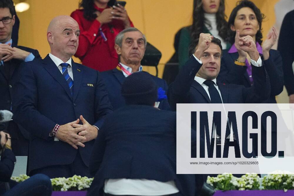 Mandatory Credit: Photo by Javier Garcia Shutterstock (13661842k) Emmanuel Macron, President of France with FIFA President Gianni Infantino before the start of the match France v Morocco, FIFA World Cup, WM, Weltmeisterschaft, Fussball 2022, Semi Final, Football, Al Bayt Stadium, Al Khor, Qatar - 14 Dec 2022 Editorial Use Only France v Morocco, FIFA World Cup 2022, Semi Final, Football, Al Bayt Stadium, Al Khor, Qatar - 14 Dec 2022 Editorial Use Only