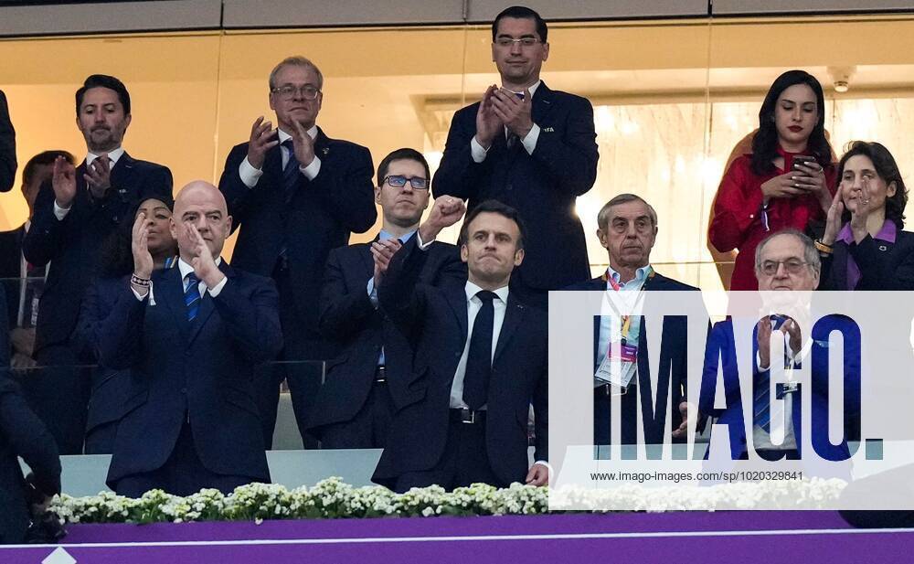 Mandatory Credit: Photo by Dave Shopland Shutterstock (13661844s) President of France Emmanuel Macron fist pumps during the national anthem alongside President of FIFA Gianni Infantino France v Morocco, FIFA World Cup, WM, Weltmeisterschaft, Fussball 2022, Semi Final, Football, Al Bayt Stadium, Al Khor, Qatar - 14 Dec 2022 Editorial Use Only France v Morocco, FIFA World Cup 2022, Semi Final, Football, Al Bayt Stadium, Al Khor, Qatar - 14 Dec 2022 Editorial Use Only