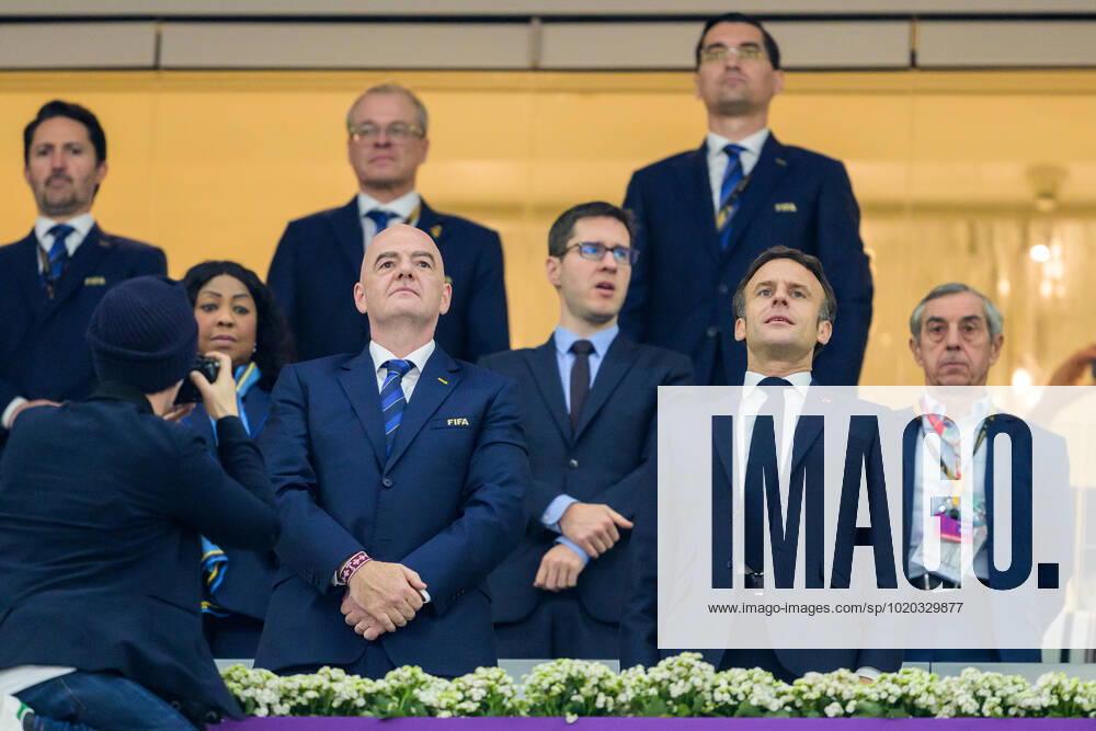 Gianni Infantino, FIFA President, and Emmanuel Macron, President of France, during the FIFA World Cup, WM, Weltmeisterschaft, Fussball 2022 semifinal between France and Morocco on December 14, 2022 in Doha. Photo: Joel Marklund BILDBYRAN kod JM JM0412 bbeng fotboll football soccer fotball vm fotbolls-vm fotball-vm fotbolls-vm 2022 fifa world cup 2022 semifinal semi-final frankrike france marocko morocco
