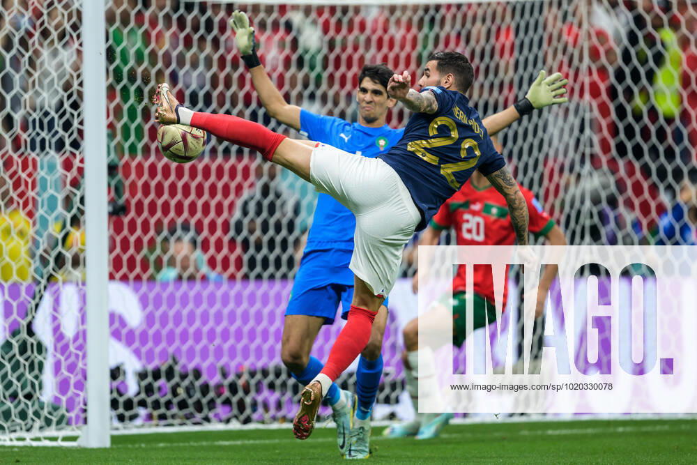 Theo Hernandez of France scores 1-0 behind goalkeeper Yassine Bounou of Morocco during the FIFA World Cup, WM, Weltmeisterschaft, Fussball 2022 semifinal between France and Morocco on December 14, 2022 in Doha. Photo: Joel Marklund BILDBYRAN kod JM JM0412 bbeng fotboll football soccer fotball vm fotbolls-vm fotball-vm fotbolls-vm 2022 fifa world cup 2022 semifinal semi-final frankrike france marocko morocco