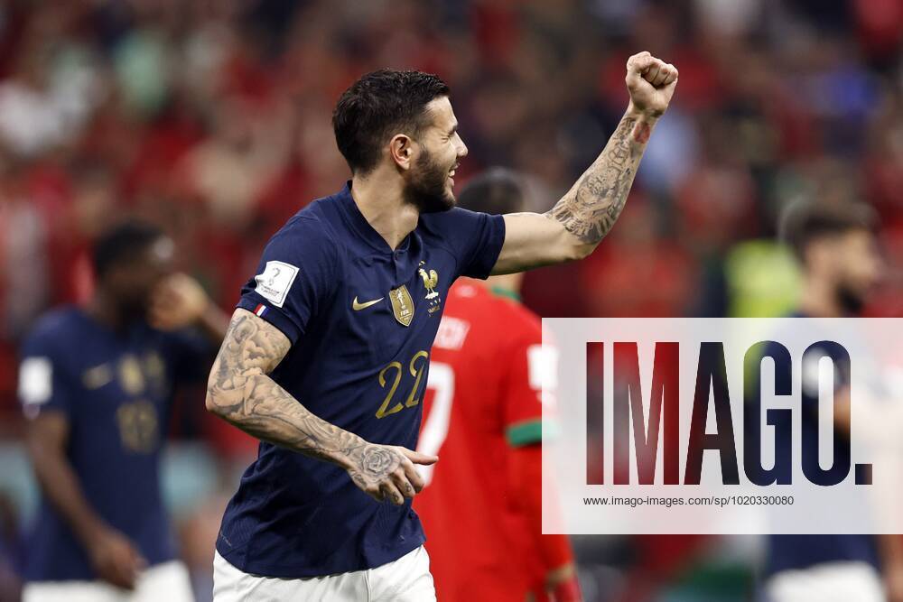 AL KHOR - Theo Hernandez of France celebrates the 1-0 during the FIFA World Cup, WM, Weltmeisterschaft, Fussball Qatar 2022 Semifinal match between France and Morocco at Al Bayt Stadium on December 14, 2022 in Al Khor, Qatar. AP Dutch Height MAURICE OF STONE FIFA World Cup Qatar 2022 2022 ANPxSportx xMauricexvanxSteenxWKxIVx