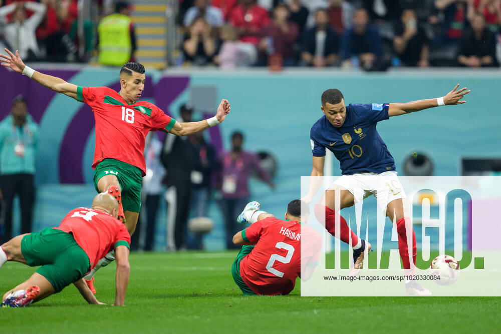 Sofyan Amrabat, Jawad El Yamiq and Achraf Hakimi of Morocco against Kylian Mbappe of France during the FIFA World Cup, WM, Weltmeisterschaft, Fussball 2022 semifinal between France and Morocco on December 14, 2022 in Doha. Photo: Joel Marklund BILDBYRAN kod JM JM0412 bbeng fotboll football soccer fotball vm fotbolls-vm fotball-vm fotbolls-vm 2022 fifa world cup 2022 semifinal semi-final frankrike france marocko morocco