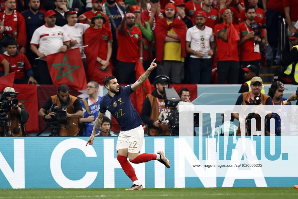 AL KHOR - Theo Hernandez of France celebrates the 1-0 during the FIFA World Cup, WM, Weltmeisterschaft, Fussball Qatar 2022 Semifinal match between France and Morocco at Al Bayt Stadium on December 14, 2022 in Al Khor, Qatar. AP Dutch Height MAURICE OF STONE FIFA World Cup Qatar 2022 2022 ANPxSportx xMauricexvanxSteenxWKxIVx