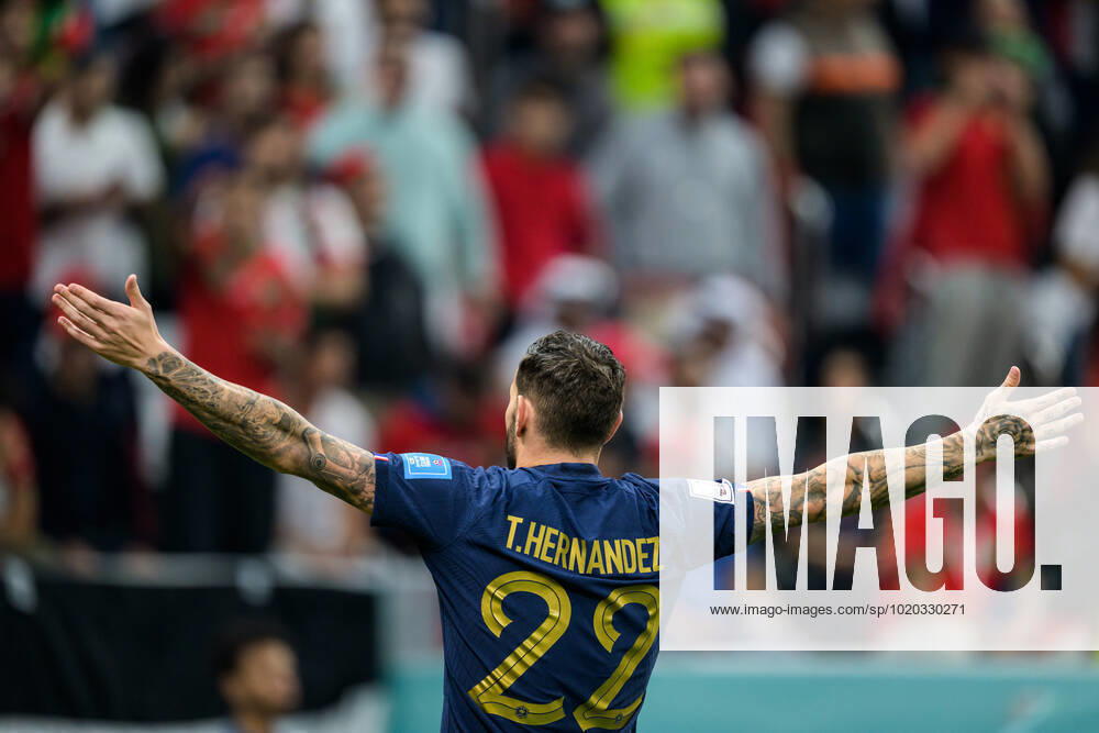 Theo Hernandez of France celebrates after scoring 1-0 during the FIFA World Cup, WM, Weltmeisterschaft, Fussball 2022 semifinal between France and Morocco on December 14, 2022 in Doha. Photo: Joel Marklund BILDBYRAN kod JM JM0412 bbeng fotboll football soccer fotball vm fotbolls-vm fotball-vm fotbolls-vm 2022 fifa world cup 2022 semifinal semi-final frankrike france marocko morocco jubel celebration