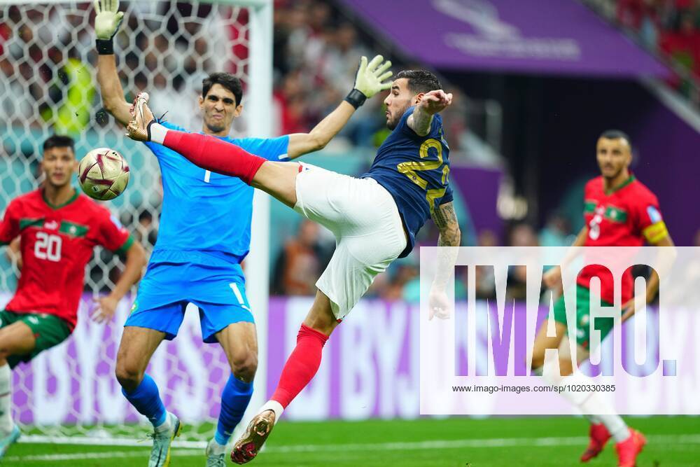 Mandatory Credit: Photo by Javier Garcia Shutterstock (13661842n) Theo Hernandez of France scores the 1st goal France v Morocco, FIFA World Cup, WM, Weltmeisterschaft, Fussball 2022, Semi Final, Football, Al Bayt Stadium, Al Khor, Qatar - 14 Dec 2022 Editorial Use Only France v Morocco, FIFA World Cup 2022, Semi Final, Football, Al Bayt Stadium, Al Khor, Qatar - 14 Dec 2022 Editorial Use Only