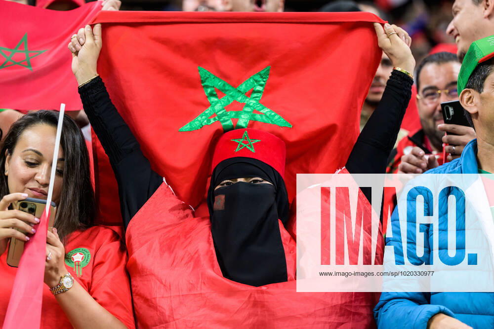 Fans of Morocco during the FIFA World Cup, WM, Weltmeisterschaft, Fussball 2022 semifinal between France and Morocco on December 14, 2022 in Doha. Photo: Joel Marklund BILDBYRAN kod JM JM0412 bbeng fotboll football soccer fotball vm fotbolls-vm fotball-vm fotbolls-vm 2022 fifa world cup 2022 semifinal semi-final frankrike france marocko morocco publik