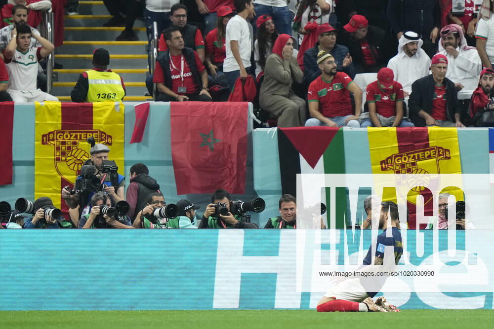 France v Morocco: Semi Final - FIFA World Cup, WM, Weltmeisterschaft, Fussball Qatar 2022 Theo Hernandez left-back of France and AC Milan celebrates after scoring his sides first goal during the FIFA World Cup Qatar 2022 semi final match between France and Morocco at Al Bayt Stadium on December 14, 2022 in Al Khor, Qatar. Al Khor Qatar