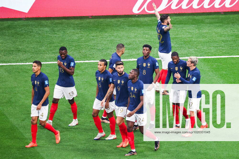 QATAR, AL KHOR - DECEMBER 14, 2022: France s players celebrate scoring in their 2022 FIFA World Cup, WM, Weltmeisterschaft, Fussball semi-final football match against Morocco at Al-Bayt Stadium. Sergei Bobylev TASS 56420022