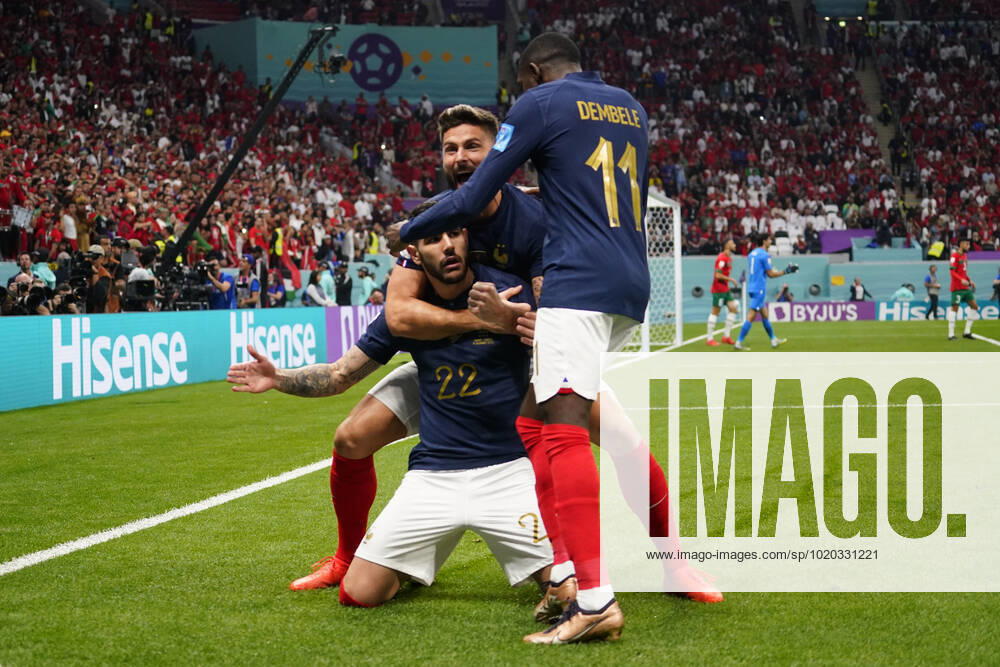 QAT: France v Morocco. FIFA World Cup, WM, Weltmeisterschaft, Fussball Qatar 2022. Semi-final Theo Hernandez of France celebrates his goal with his teammates during the FIFA World Cup Qatar 2022 match, Semi-final between Frtance and Morocco played at Al Bayt Stadium on Dec 14, 2022 in Al Khor Qatar.