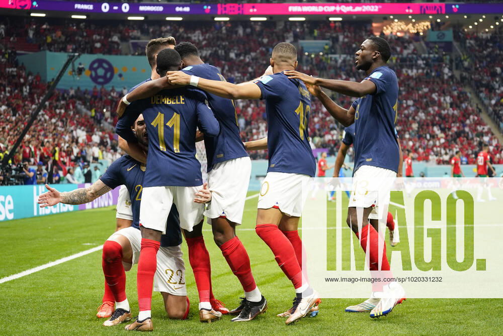 QAT: France v Morocco. FIFA World Cup, WM, Weltmeisterschaft, Fussball Qatar 2022. Semi-final Theo Hernandez of France celebrates his goal with his teammates during the FIFA World Cup Qatar 2022 match, Semi-final between Frtance and Morocco played at Al Bayt Stadium on Dec 14, 2022 in Al Khor Qatar.