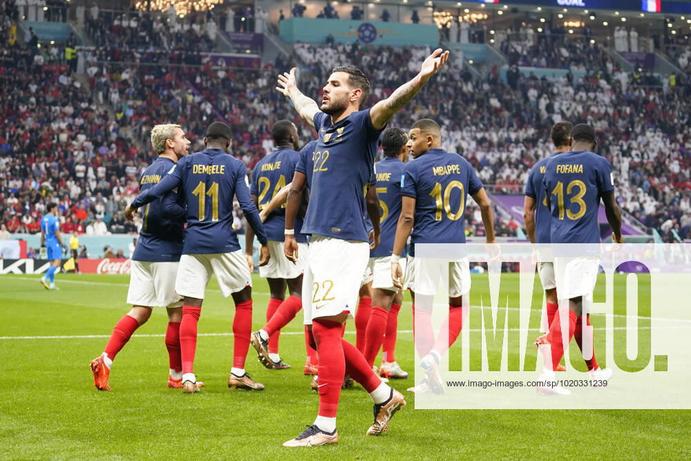 QAT: France v Morocco. FIFA World Cup, WM, Weltmeisterschaft, Fussball Qatar 2022. Semi-final Theo Hernandez of France celebrates his goal during the FIFA World Cup Qatar 2022 match, Semi-final between Frtance and Morocco played at Al Bayt Stadium on Dec 14, 2022 in Al Khor Qatar.