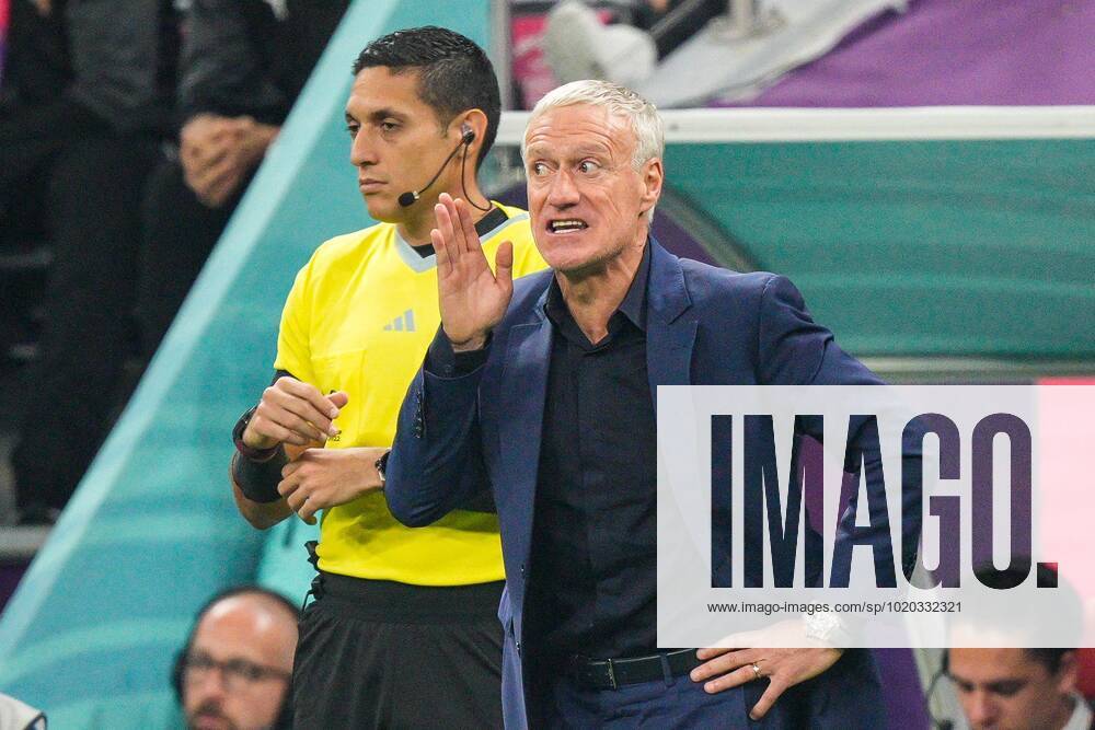 Mandatory Credit: Photo by Dave Shopland Shutterstock (13661844aw) France Manager Didier Deschamps reacts alongside the fourth official France v Morocco, FIFA World Cup, WM, Weltmeisterschaft, Fussball 2022, Semi Final, Football, Al Bayt Stadium, Al Khor, Qatar - 14 Dec 2022 Editorial Use Only France v Morocco, FIFA World Cup 2022, Semi Final, Football, Al Bayt Stadium, Al Khor, Qatar - 14 Dec 2022 Editorial Use Only