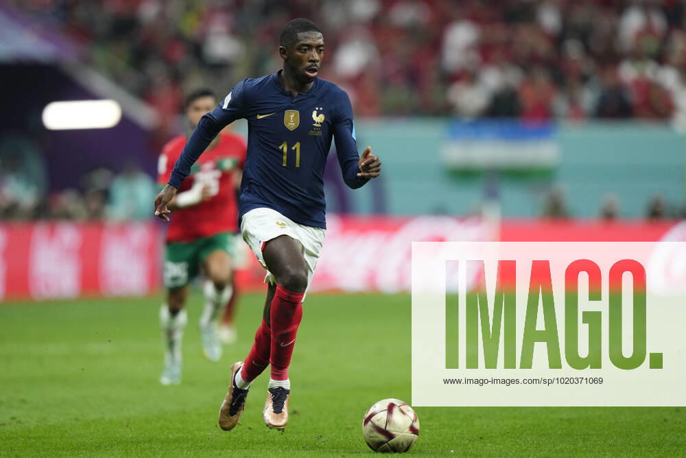 France v Morocco: Semi Final - FIFA World Cup, WM, Weltmeisterschaft, Fussball Qatar 2022 Ousmane Dembele right winger of France and FC Barcelona, Barca runs with the ball during the FIFA World Cup Qatar 2022 semi final match between France and Morocco at Al Bayt Stadium on December 14, 2022 in Al Khor, Qatar. Al Khor Qatar