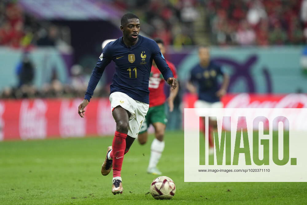 France v Morocco: Semi Final - FIFA World Cup, WM, Weltmeisterschaft, Fussball Qatar 2022 Ousmane Dembele right winger of France and FC Barcelona, Barca runs with the ball during the FIFA World Cup Qatar 2022 semi final match between France and Morocco at Al Bayt Stadium on December 14, 2022 in Al Khor, Qatar. Al Khor Qatar