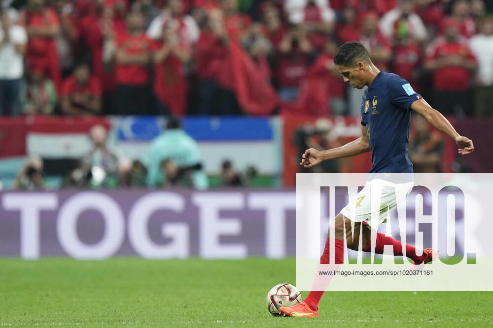 France v Morocco: Semi Final - FIFA World Cup, WM, Weltmeisterschaft, Fussball Qatar 2022 Raphael Varane centre-back of France and Manchester United, ManU does passed during the FIFA World Cup Qatar 2022 semi final match between France and Morocco at Al Bayt Stadium on December 14, 2022 in Al Khor, Qatar. Al Khor Qatar