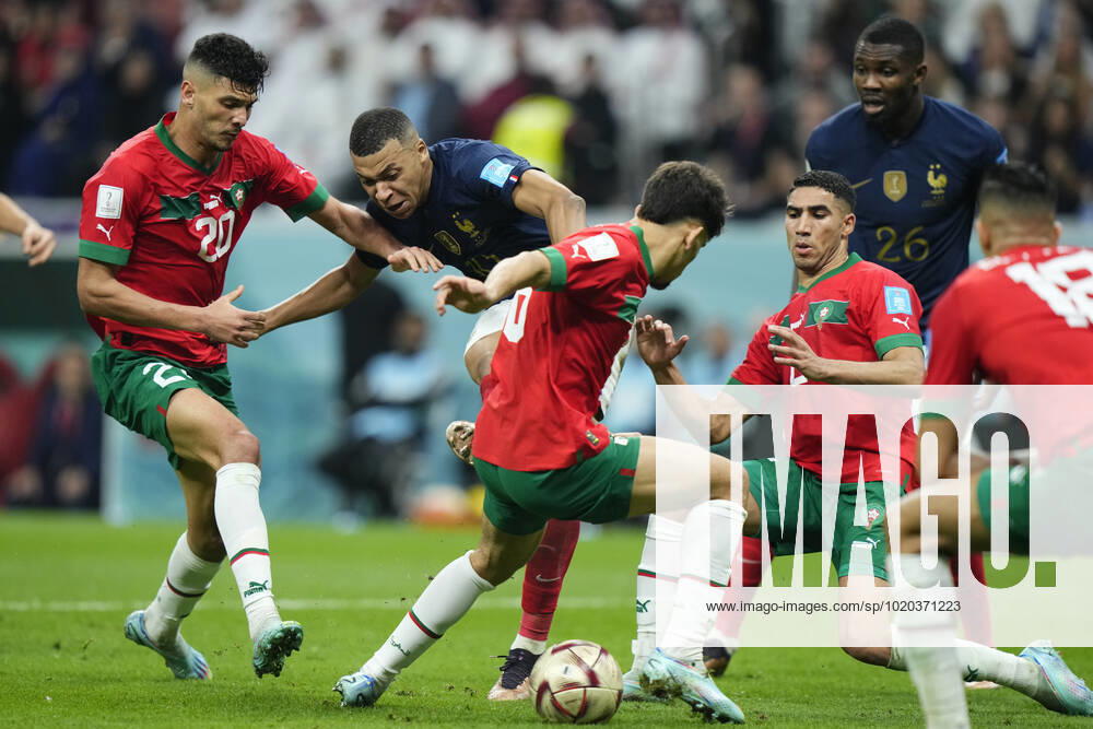 France v Morocco: Semi Final - FIFA World Cup, WM, Weltmeisterschaft, Fussball Qatar 2022 Kylian Mbappe centre-forward of France and Paris Saint-Germain shooting to goal during the FIFA World Cup Qatar 2022 semi final match between France and Morocco at Al Bayt Stadium on December 14, 2022 in Al Khor, Qatar. Al Khor Qatar