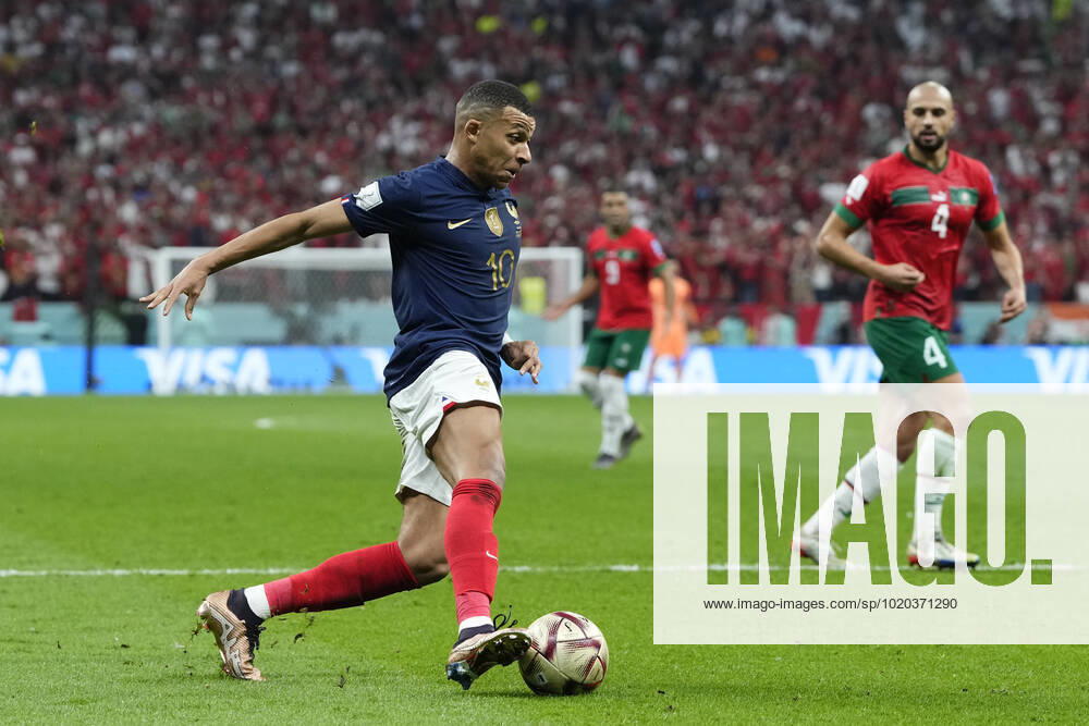 France v Morocco: Semi Final - FIFA World Cup, WM, Weltmeisterschaft, Fussball Qatar 2022 Kylian Mbappe centre-forward of France and Paris Saint-Germain in action during the FIFA World Cup Qatar 2022 semi final match between France and Morocco at Al Bayt Stadium on December 14, 2022 in Al Khor, Qatar. Al Khor Qatar