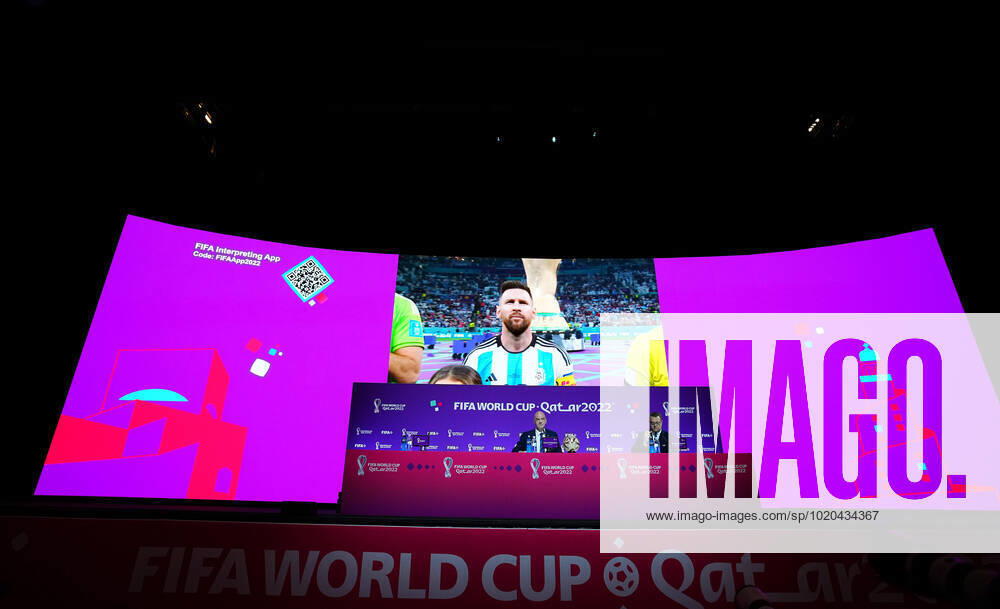 Mandatory Credit: Photo by Javier Garcia Shutterstock (13670212d) An image of Argentina captain Lionel Messi is shown as FIFA President Gianni Infantino speaks during the press conference, PK, Pressekonferenz FIFA Press Conference, FIFA World Cup, WM, Weltmeisterschaft, Fussball 2022, Football, Qatar National Convention Centre, Doha, Qatar - 16 Dec 2022 Editorial Use Only FIFA Press Conference, FIFA World Cup 2022, Football, Qatar National Convention Centre, Doha, Qatar - 16 Dec 2022 Editorial Use Only