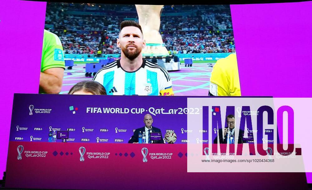 Mandatory Credit: Photo by Javier Garcia Shutterstock (13670212e) An image of Argentina captain Lionel Messi is shown as FIFA President Gianni Infantino speaks during the press conference, PK, Pressekonferenz FIFA Press Conference, FIFA World Cup, WM, Weltmeisterschaft, Fussball 2022, Football, Qatar National Convention Centre, Doha, Qatar - 16 Dec 2022 Editorial Use Only FIFA Press Conference, FIFA World Cup 2022, Football, Qatar National Convention Centre, Doha, Qatar - 16 Dec 2022 Editorial Use Only