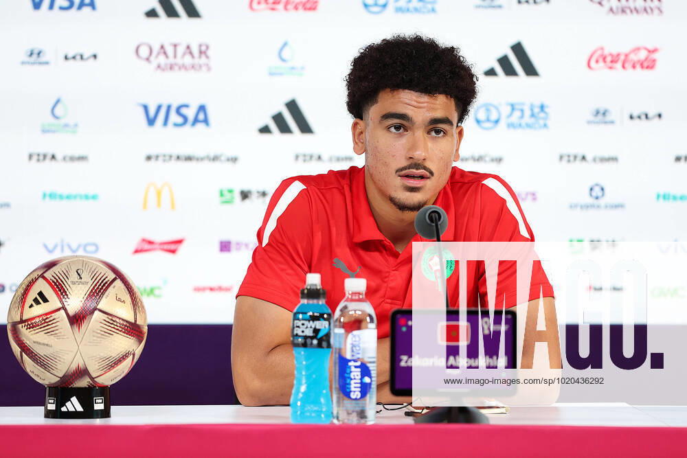 QATAR 2022 - Morocco press conference, PK, Pressekonferenz Player Zakaria Aboukhlal during Media conference of the Moroccan national football team on the eve of the match for third place between Croatia and Morocco at the World Cup in Qatar, at Qatar National Convention Centre, QNCC, Doha, Qatar, on December 16, 2022, GoranxStanzl PIXSELL