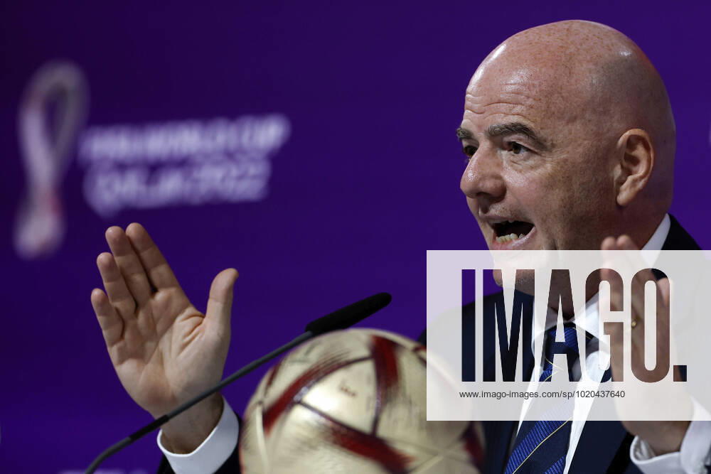FIFA s President, Swiss Gianni Infantino, addresses a press conference, PK, Pressekonferenz in Doha, Qatar, 16 December 2022. Infantino said that FIFA s World Cup Qatar 2022 has been a great success . The final between Argentina and France is to be played on 18 December, and the match for the third and fourth place between Croatia and Morocco, on 17 December. Gianni Infantino s press conference !ACHTUNG: NUR REDAKTIONELLE NUTZUNG!