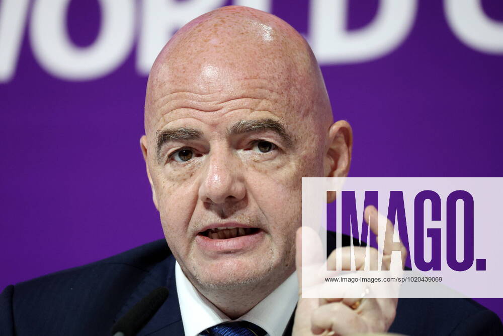 QATAR, DOHA - DECEMBER 16, 2022: FIFA President Gianni Infantino gives a final press conference, PK, Pressekonferenz on the finishing 2022 FIFA World Cup, WM, Weltmeisterschaft, Fussball at the main media center. The 2022 FIFA World Cup takes place in Qatar from November 20 to December 18, 2022. Sergei Bobylev TASS 56445471