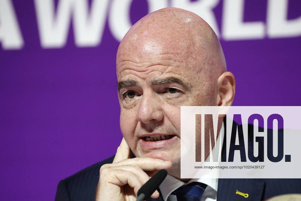 QATAR, DOHA - DECEMBER 16, 2022: FIFA President Gianni Infantino gives a final press conference, PK, Pressekonferenz on the finishing 2022 FIFA World Cup, WM, Weltmeisterschaft, Fussball at the main media center. The 2022 FIFA World Cup takes place in Qatar from November 20 to December 18, 2022. Sergei Bobylev TASS 56445853