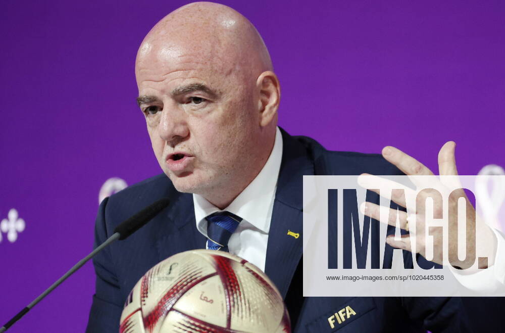QATAR, DOHA - DECEMBER 16, 2022: FIFA President Gianni Infantino gives a final press conference, PK, Pressekonferenz on the finishing 2022 FIFA World Cup, WM, Weltmeisterschaft, Fussball at the main media center. The 2022 FIFA World Cup takes place in Qatar from November 20 to December 18, 2022. Sergei Bobylev TASS 56446765