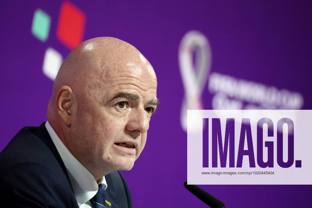 QATAR, DOHA - DECEMBER 16, 2022: FIFA President Gianni Infantino gives a final press conference, PK, Pressekonferenz on the finishing 2022 FIFA World Cup, WM, Weltmeisterschaft, Fussball at the main media center. The 2022 FIFA World Cup takes place in Qatar from November 20 to December 18, 2022. Sergei Bobylev TASS 56446770