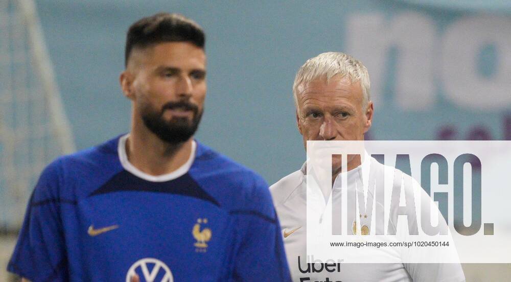 Mandatory Credit: Photo by Dave Shopland Shutterstock (13670207ak) Manager Didier Deschamps of France with Olivier Giroud France Training & press conference, PK, Pressekonferenz FIFA World Cup, WM, Weltmeisterschaft, Fussball 2022, Football, Al Sadd SC Stadium, Al Rayyan, Qatar - 16 Dec 2022 Editorial Use Only France Training & Press Conference, FIFA World Cup 2022, Football, Al Sadd SC Stadium, Al Rayyan, Qatar - 16 Dec 2022 Editorial Use Only