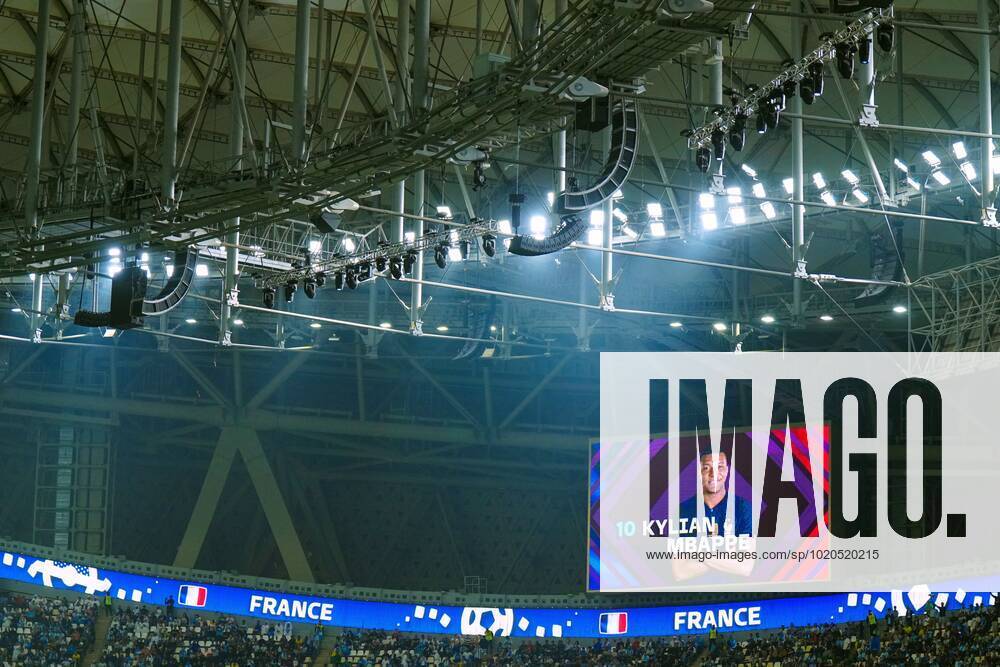 Mandatory Credit: Photo by Javier Garcia Shutterstock (13670815af) An image of Kylian Mbappe of France on the stadium video screen Argentina v France, FIFA World Cup, WM, Weltmeisterschaft, Fussball 2022, Final, Football, Lusail Stadium, Al Daayen, Qatar - 18 Dec 2022 Editorial Use Only Argentina v France, FIFA World Cup 2022, Final, Football, Lusail Stadium, Al Daayen, Qatar - 18 Dec 2022 Editorial Use Only