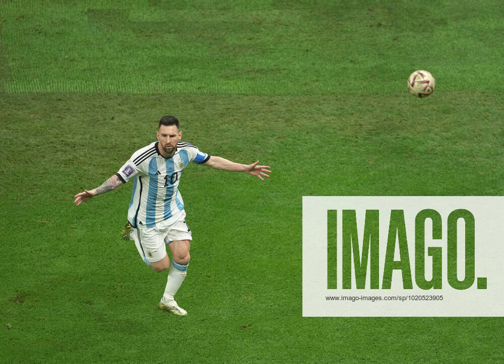 (221218) -- LUSAIER, Dec. 18, 2022 -- Lionel Messi of Argentina celebrates his goal during the Final between Argentina and France at the 2022 FIFA World Cup, WM, Weltmeisterschaft, Fussball at Lusail Stadium in Lusail, Qatar, Dec. 18, 2022. ) (SP)QATAR-LUSAIL-2022 WORLD CUP-FINAL-ARG VS FRA XiaoxYijiu