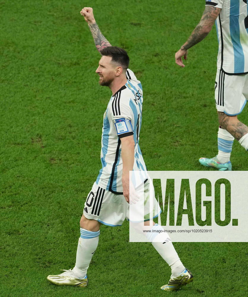(221218) -- LUSAIER, Dec. 18, 2022 -- Lionel Messi of Argentina celebrates his goal during the Final between Argentina and France at the 2022 FIFA World Cup, WM, Weltmeisterschaft, Fussball at Lusail Stadium in Lusail, Qatar, Dec. 18, 2022. ) (SP)QATAR-LUSAIL-2022 WORLD CUP-FINAL-ARG VS FRA XiaoxYijiu