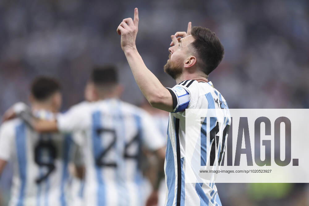 (221218) -- LUSAIER, Dec. 18, 2022 -- Lionel Messi of Argentina celebrates his goal during the Final between Argentina and France at the 2022 FIFA World Cup, WM, Weltmeisterschaft, Fussball at Lusail Stadium in Lusail, Qatar, Dec. 18, 2022. ) (SP)QATAR-LUSAIL-2022 WORLD CUP-FINAL-ARG VS FRA LixMing