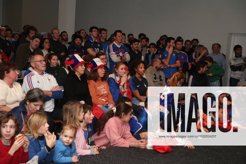 Illustration picture shows fans of France as they gather to watch a soccer game between France and Argentina, the final of the FIFA 2022 World Cup, at The Football Village Brussels , organised at Autoworld car museum, in Brussels on Sunday 18 December 2022. NICOLASxMAETERLINCK x56770671x