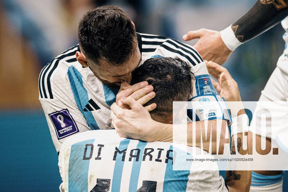 Argentina vs France LUSAIL, AD - 18.12.2022: ARGENTINA VS FRANCE - MESSI Lionel of Argentina kisses DI MARIA Angel of Argentina after Di Maria scores a goal during a match between Argentina and France, valid for the final of the Qatar 2022 World Cup, held at the Estádio Nacional de Lusail in Lusail, Qatar. (Photo: Marcelo Machado de Melo Fotoarena) x2311806x MarceloxMachadoxdexMelo