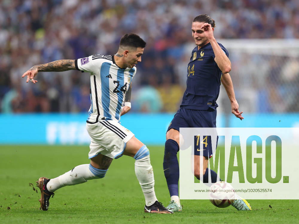 Doha, Qatar, 18th December 2022. Enzo Fernandez of Argentina tackles Adrien Rabiot of France during the FIFA World Cup, WM, Weltmeisterschaft, Fussball 2022 match at Lusail Stadium, Doha. Picture credit should read: David Klein Sportimage . SPI-2101-0107