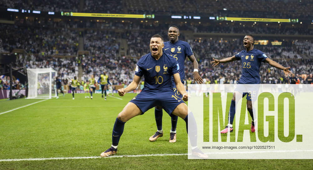 Doha, Qatar. 18th Dec, 2022. Goal celebration: Kylian Mbappe (FRA), Marcus Thuram (FRA), Eduardo Camavinga (FRA) Argentina - France Final Match Argentinien - Frankreich World Cup 2022 in Qatar 18.12.2022